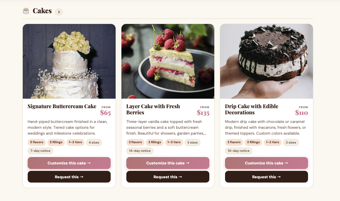 A baker's menu on their Cakery bakery page